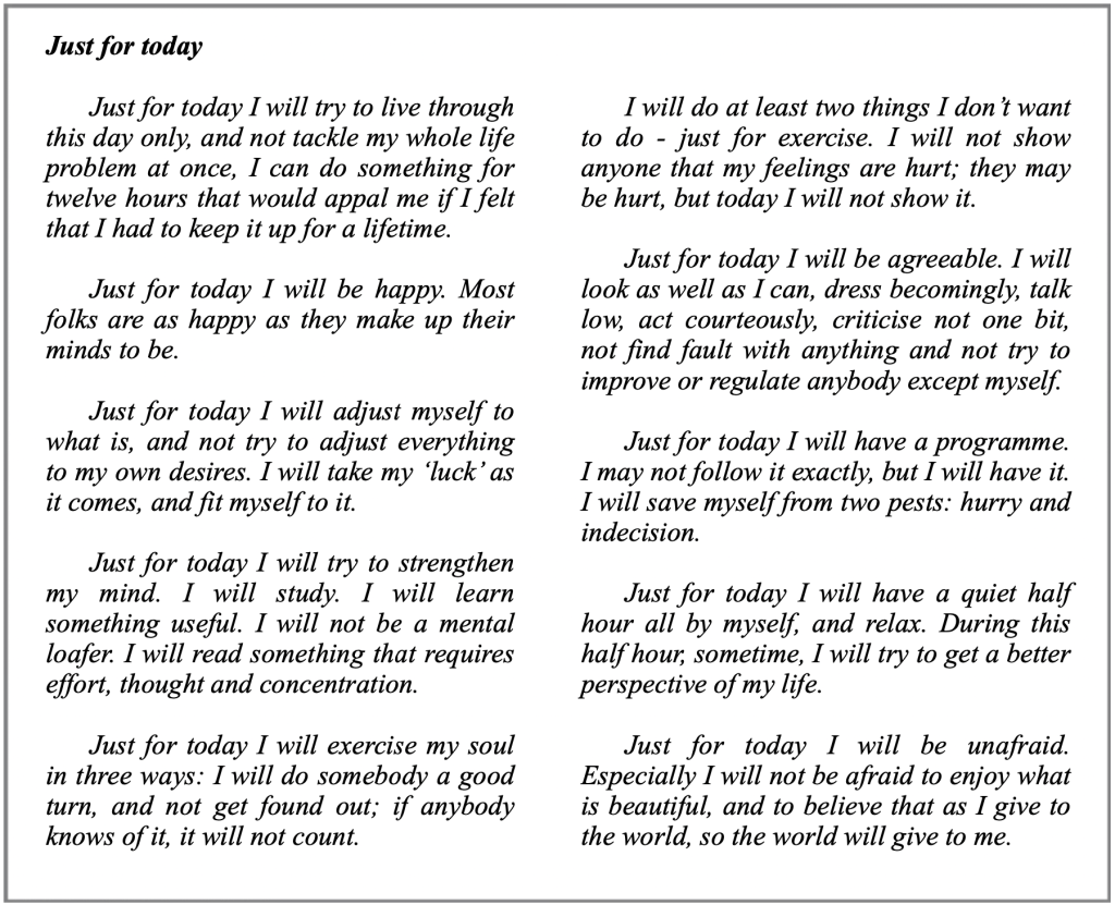 Just for today card of alcoholics anonymous